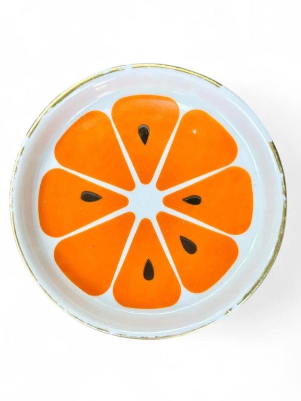 Vintage 70s Orange Slice Small Ceramic Trinket Dish With Gold Trim 3.25” Across